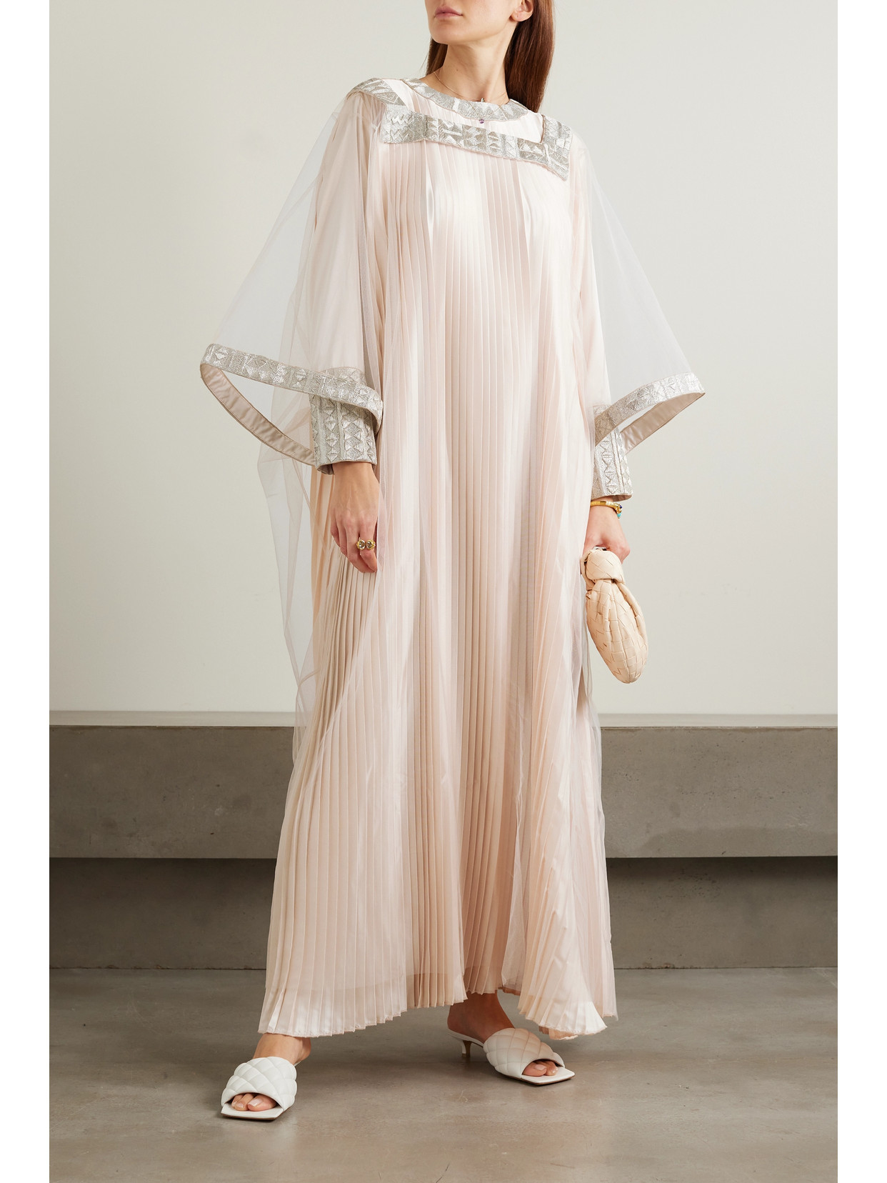 Shatha Essa Layered Embroidered Metallic Pleated Silk-satin And Organza Gown In Neutrals