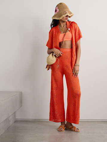 Calle Del Mar Pointelle-knit wide-leg pants