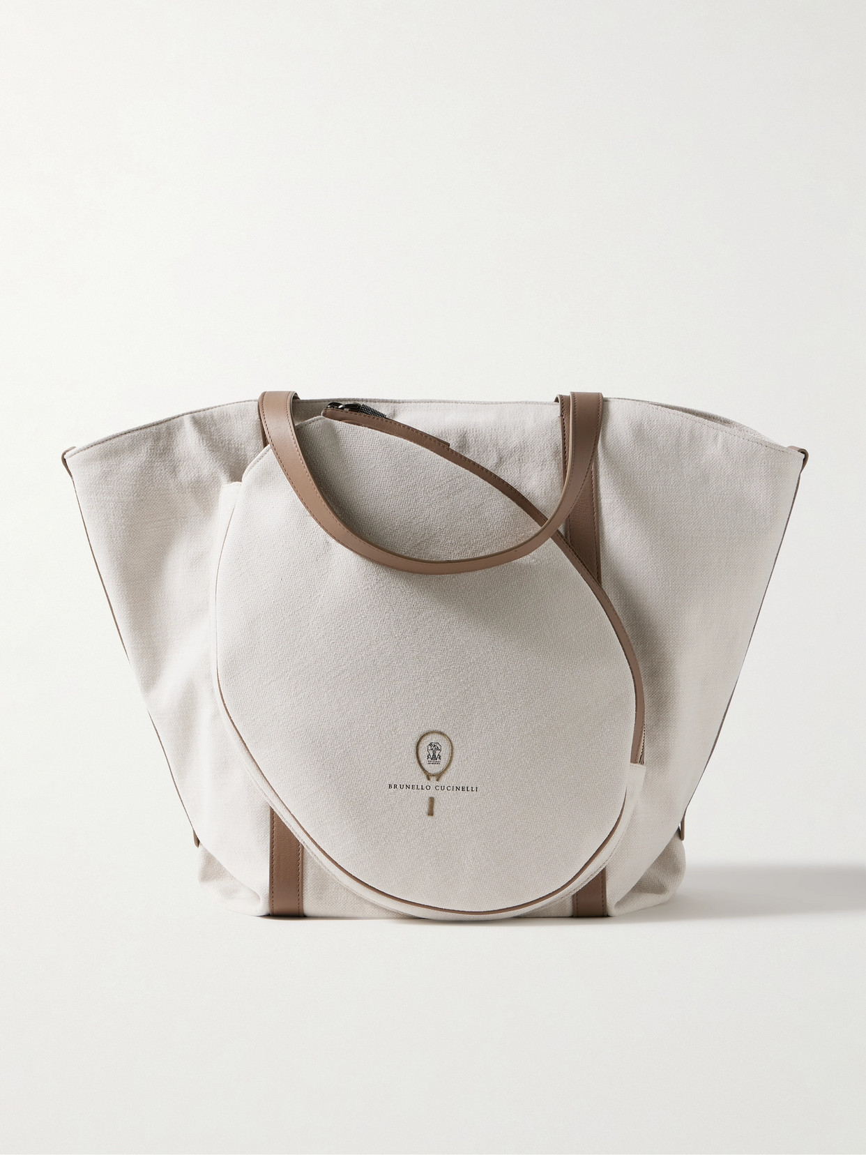 Brunello Cucinelli Embroidered Leather-trimmed Cotton And Linen-blend Canvas Tote In Neutral