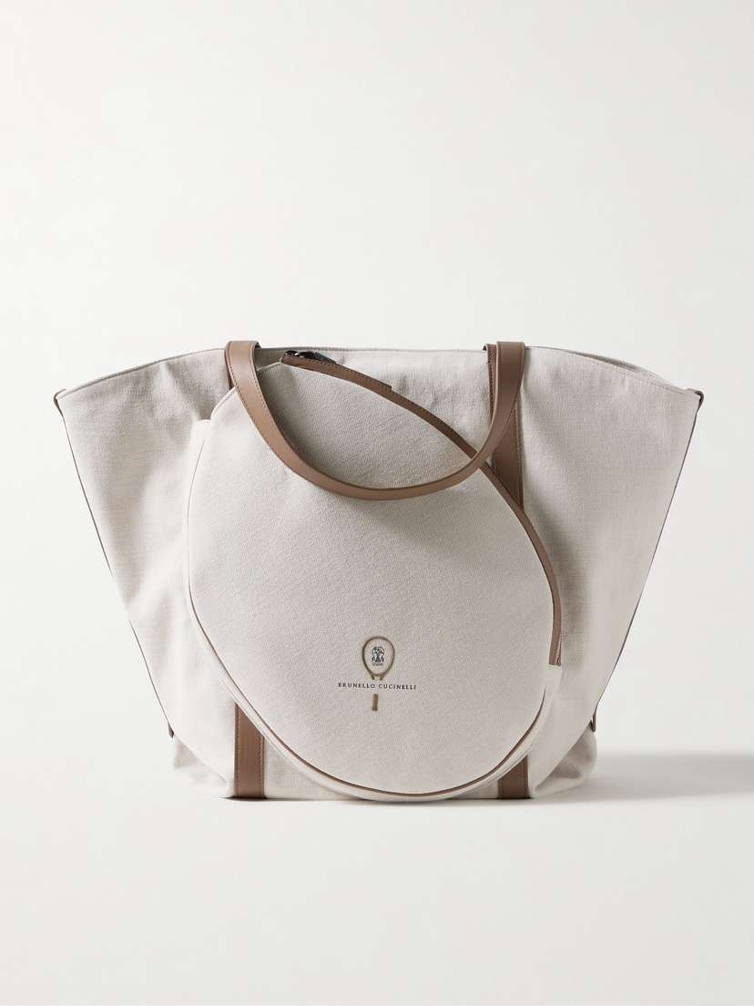 Brunello Cucinelli Embroidered Leather-trimmed Cotton And Linen-blend Canvas Tote