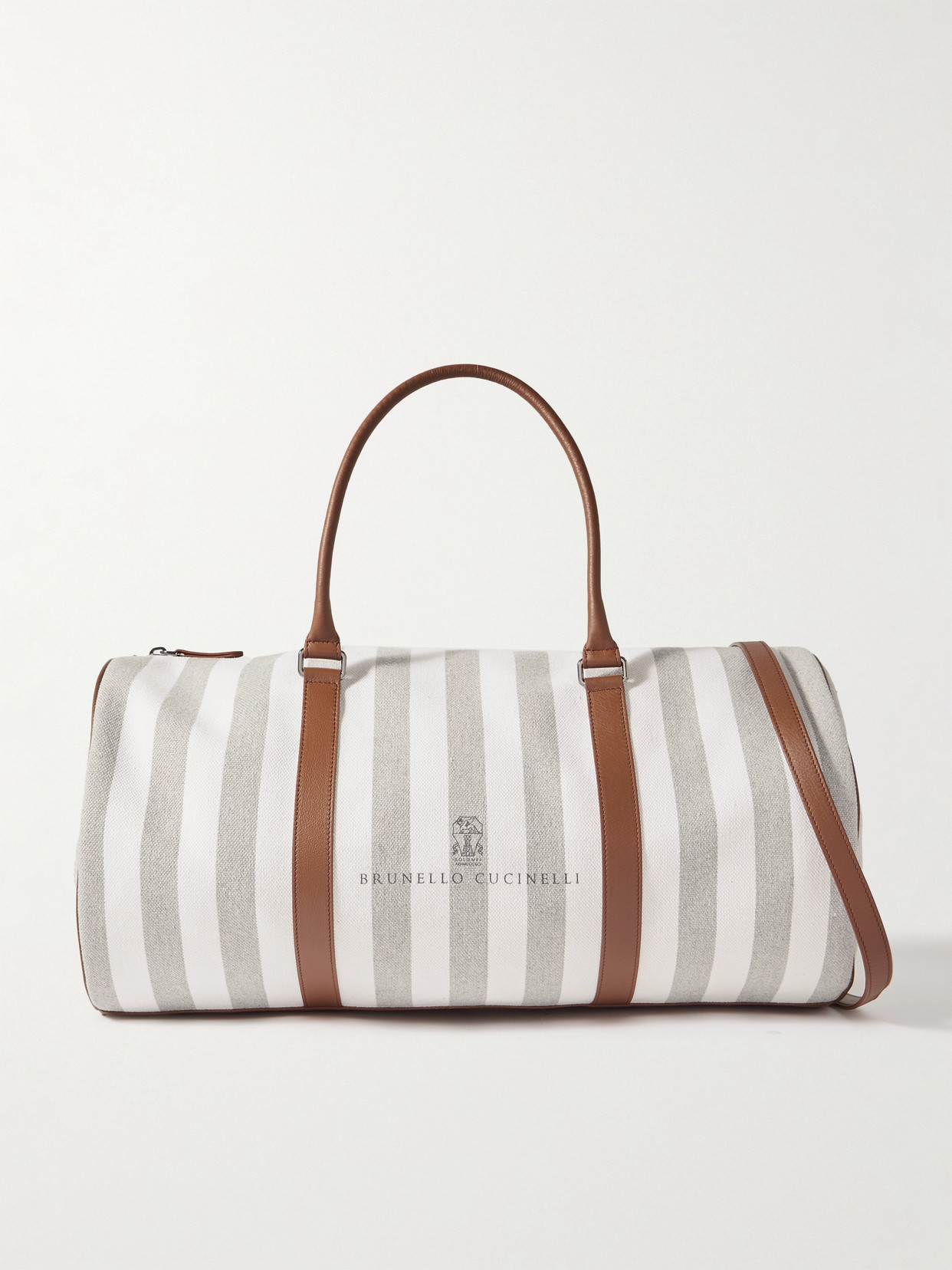 Brunello Cucinelli Leather-trimmed Striped Canvas Duffel Bag In Gray