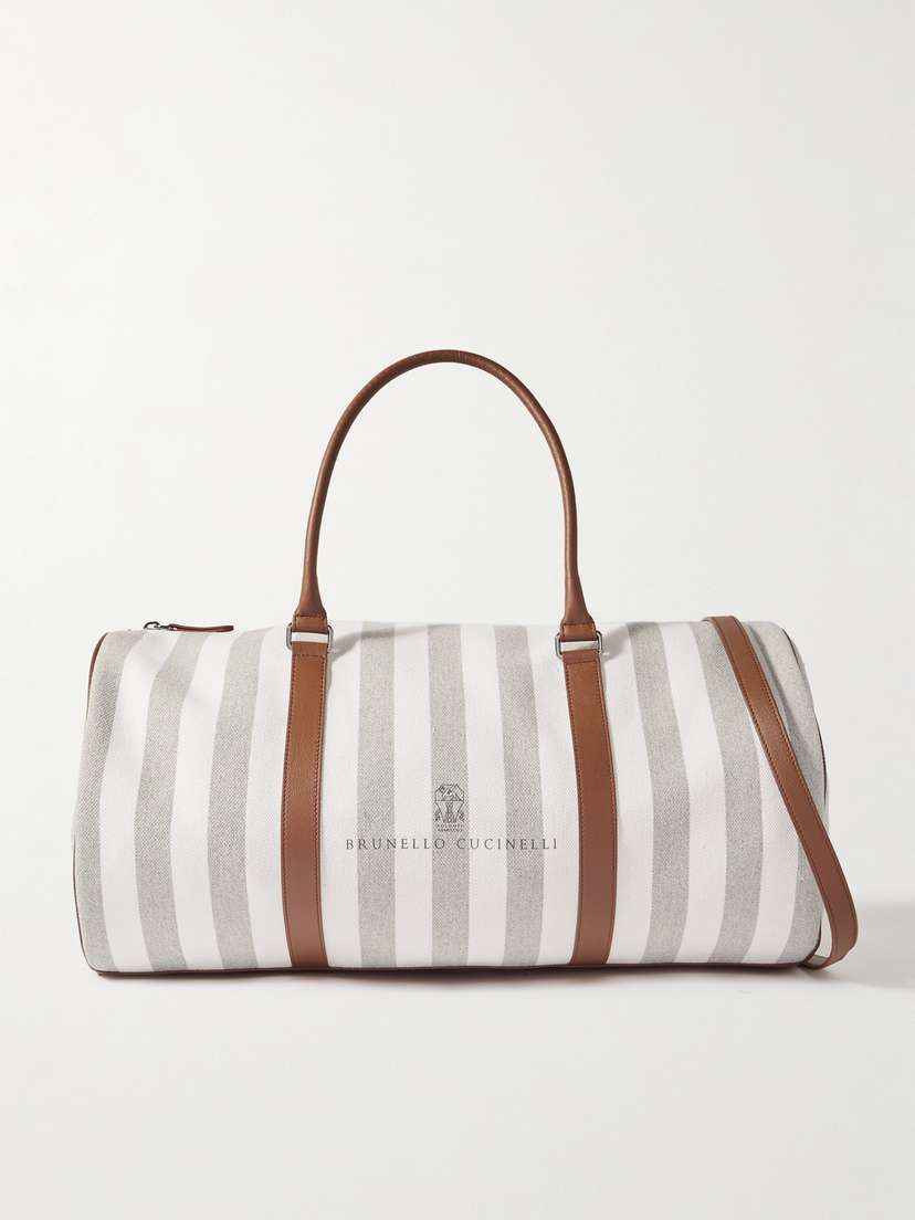 Brunello Cucinelli Leather-trimmed Striped Canvas Duffle Bag