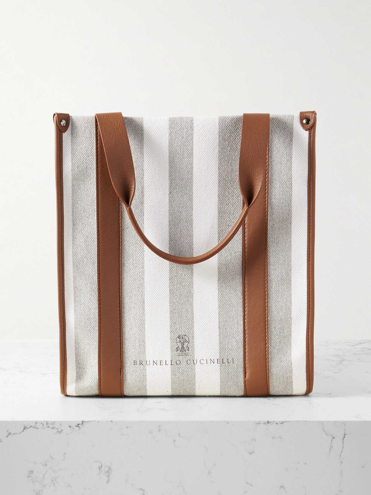 Brunello Cucinelli Leather-trimmed Striped Canvas Tote Bag In Gray