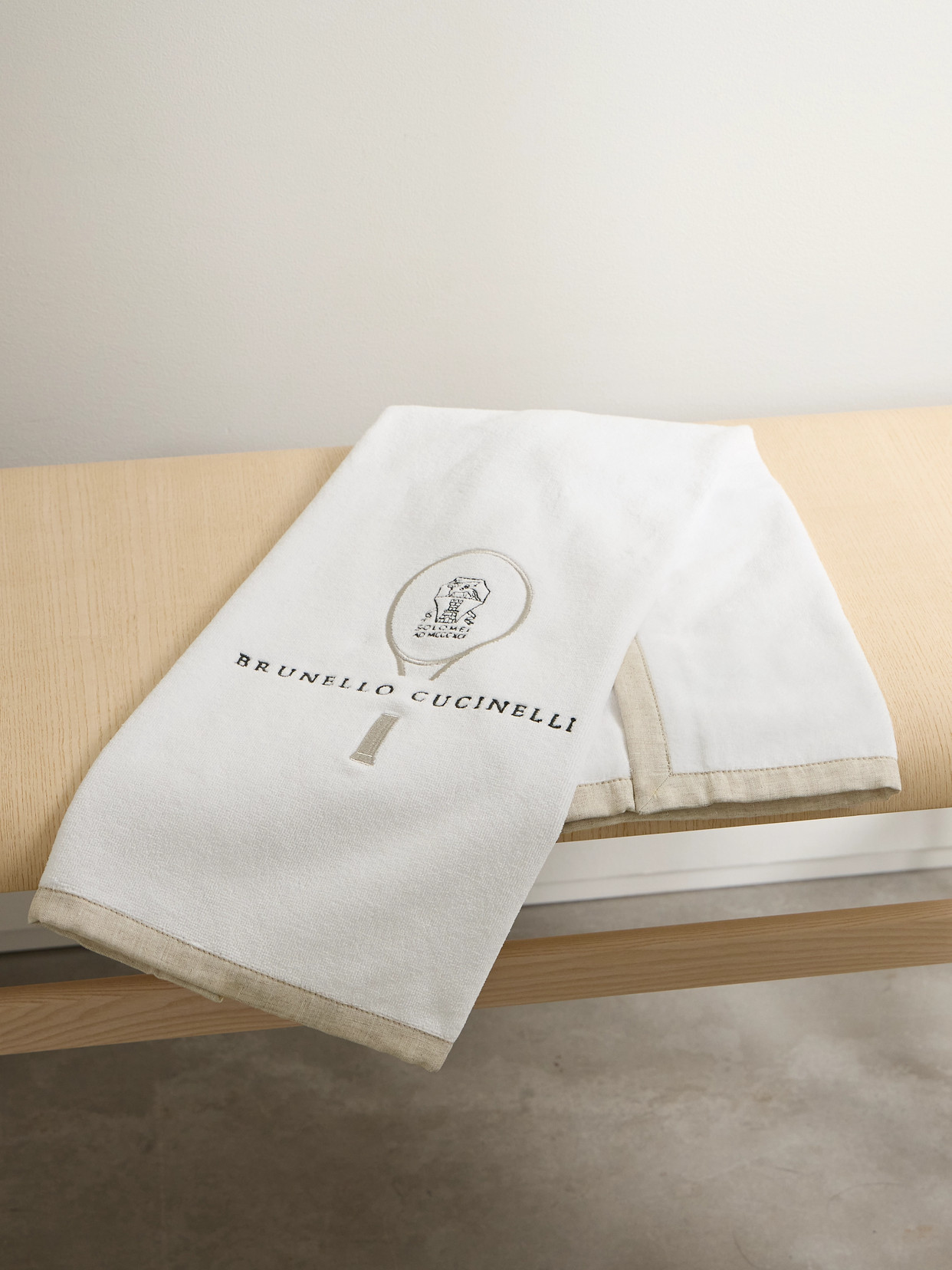 Brunello Cucinelli Linen-trimmed Embroidered Cotton-terry Towel In Metallic