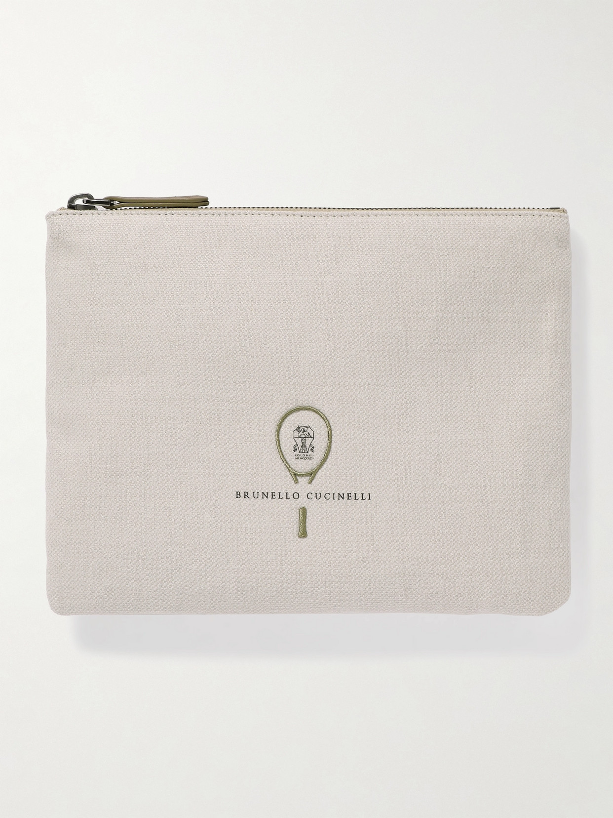 Brunello Cucinelli - Embroidered Leather-trimmed Cotton And Linen-blend Tweed Pouch - Off-white