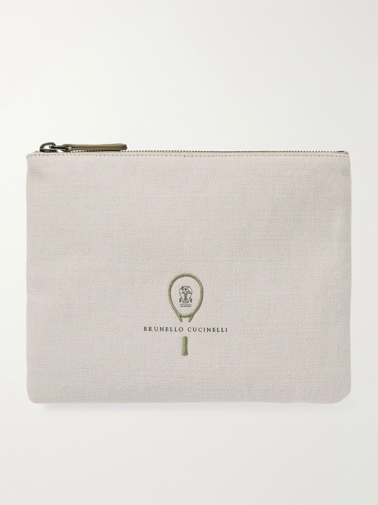 Embroidered leather-trimmed cotton and linen-blend tweed pouch