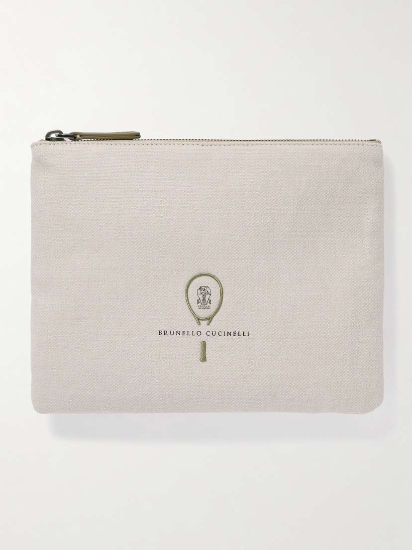 Brunello Cucinelli Embroidered Leather-trimmed Cotton And Linen-blend Tweed Pouch