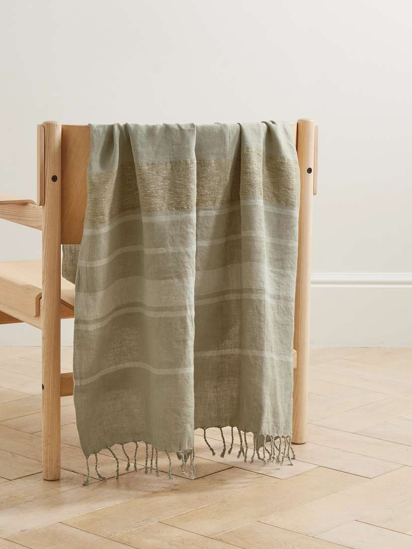 Brunello Cucinelli Fringed Striped Metallic Linen-blend Blanket