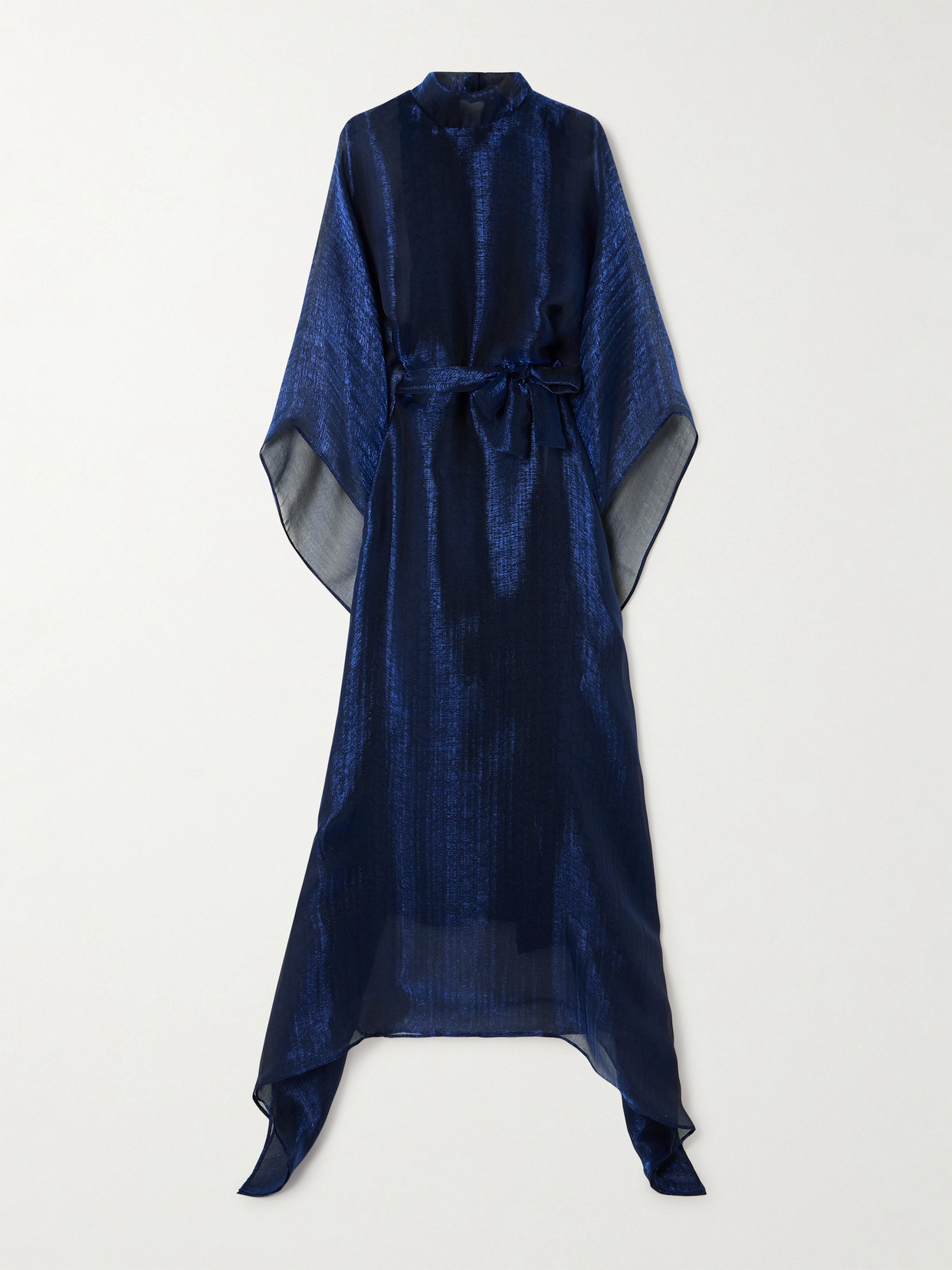 Taller Marmo Oceano Belted Asymmetric Metallic Organza Turtleneck Gown In Blue