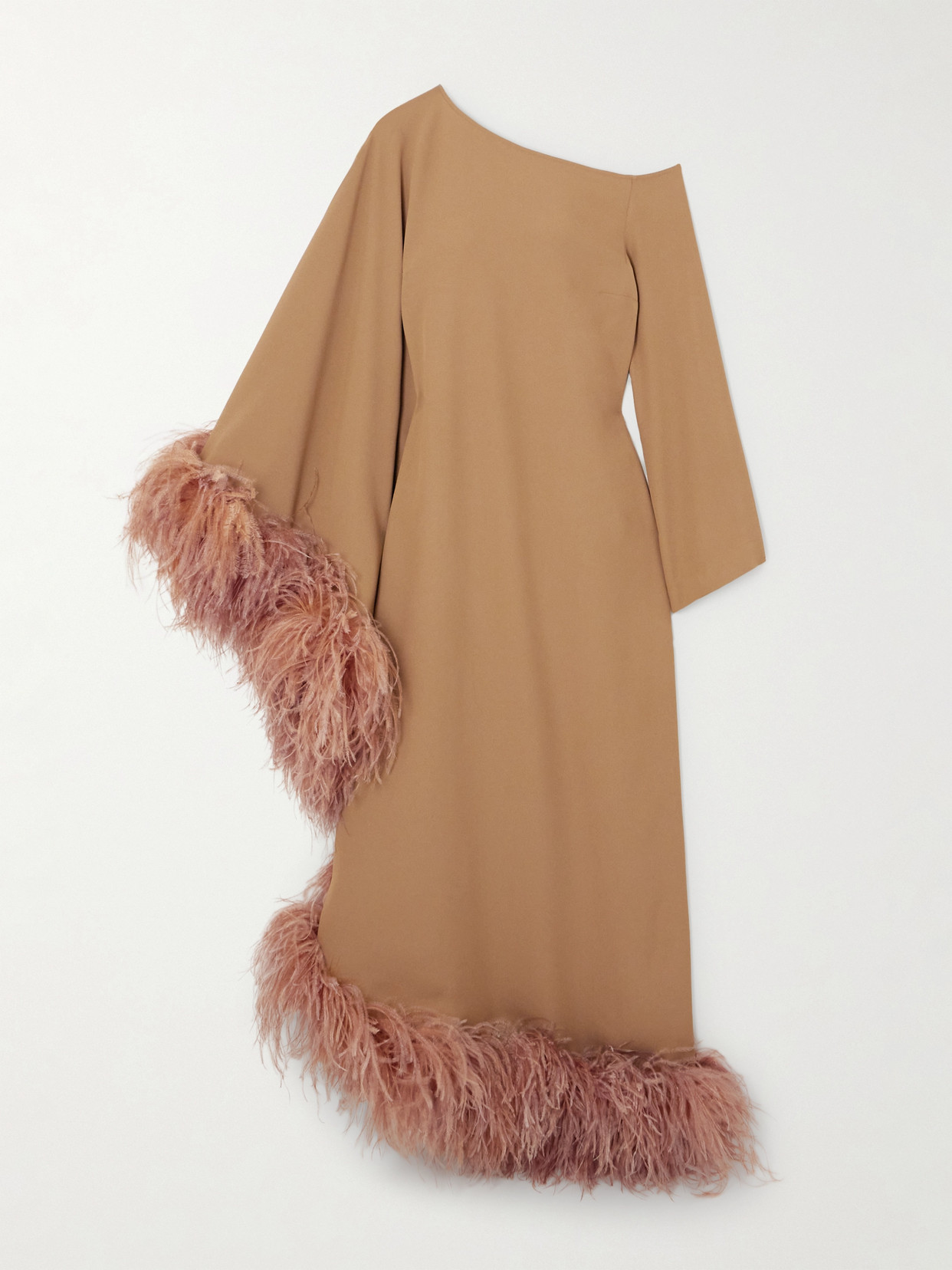 Taller Marmo Ubud Extravaganza Feather-trimmed Crepe Midi Dress In Brown