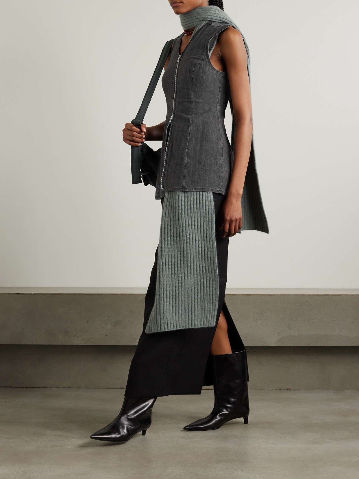 Zip-Detailed Striped Denim Tank