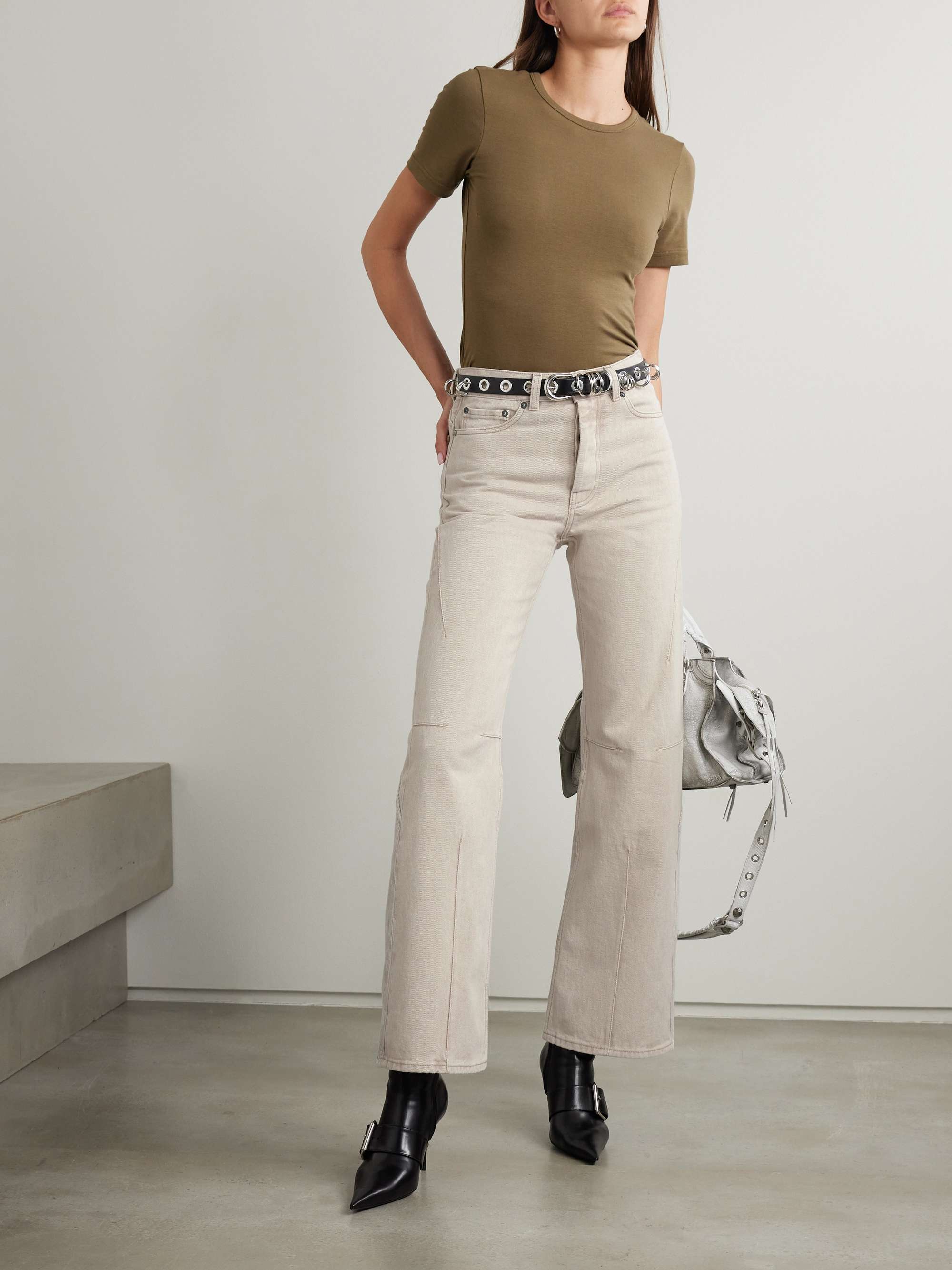Moto Cut paneled corduroy trimmed mid rise slim leg jeans