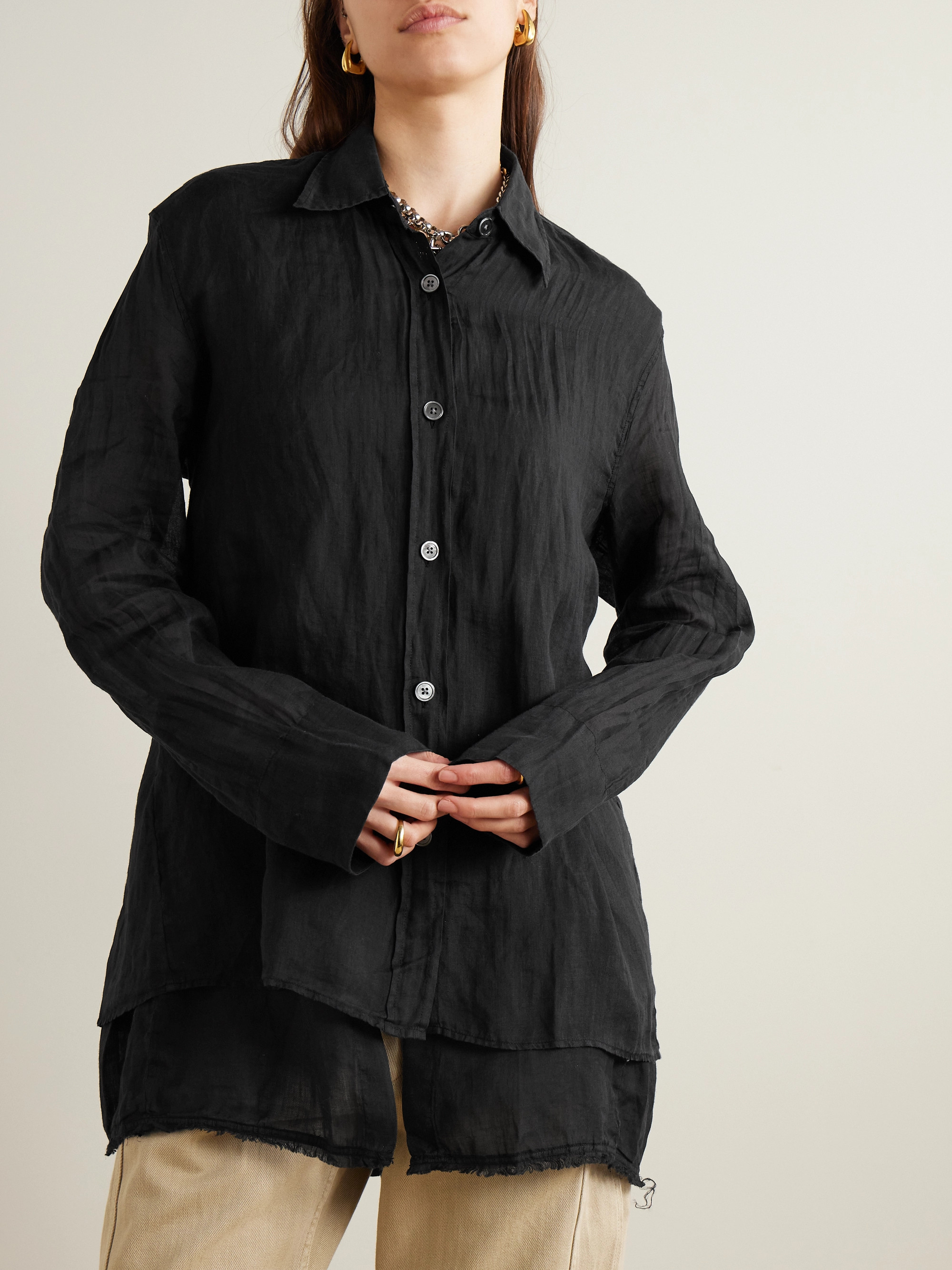 pry シュウト Black Frayed Edge Linen Shirt OUR LEGACY - Liner layered frayed ramie-gauze shirt | Plush