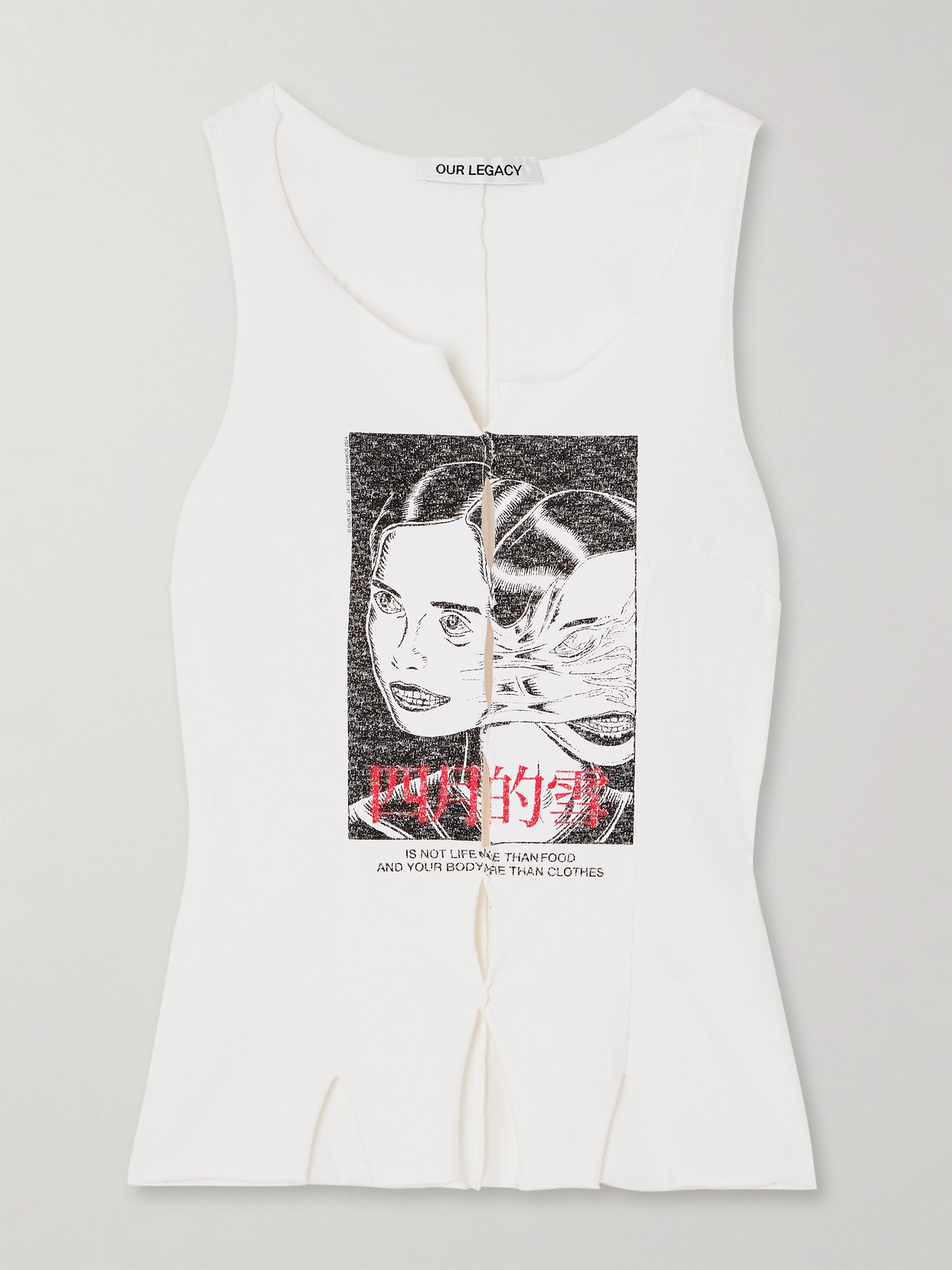 Our Legacy Asymmetric Cutout Distressed Printed Cotton-jersey Tank In White
