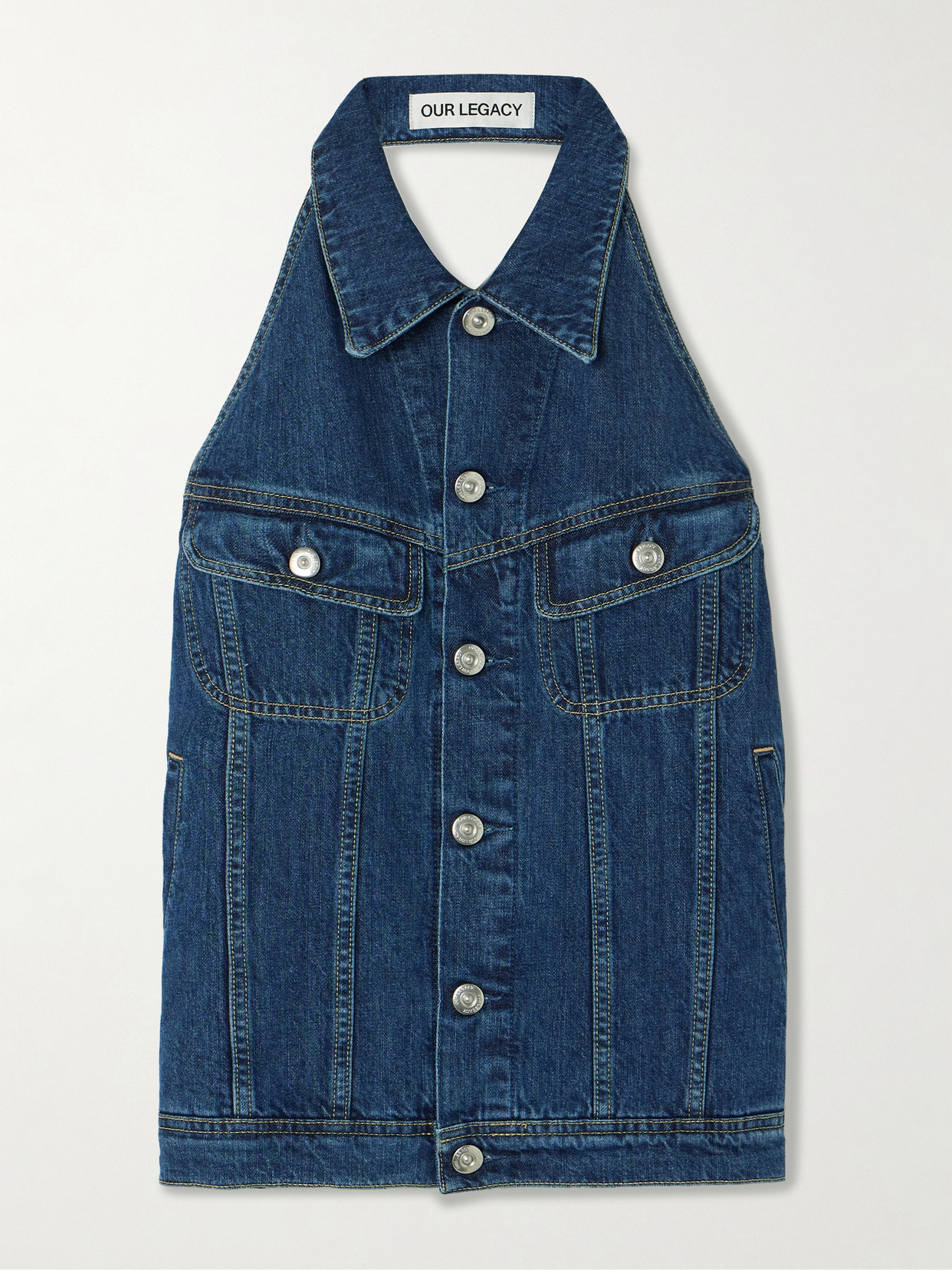 Our Legacy Paneled Denim Halterneck Waistcoat In Blue