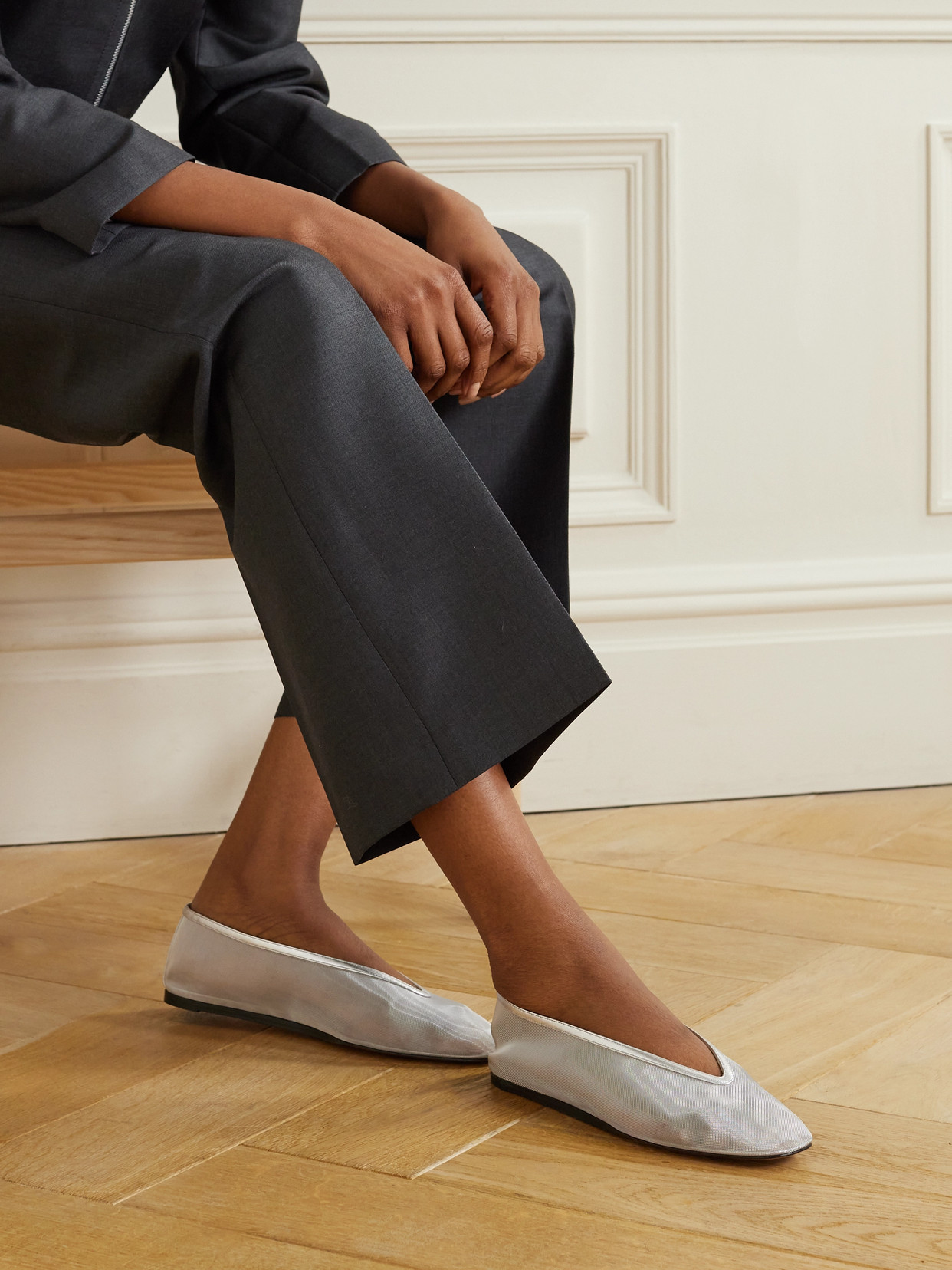 LE MONDE BERYL LUNA METALLIC LEATHER-TRIMMED MESH BALLET FLATS