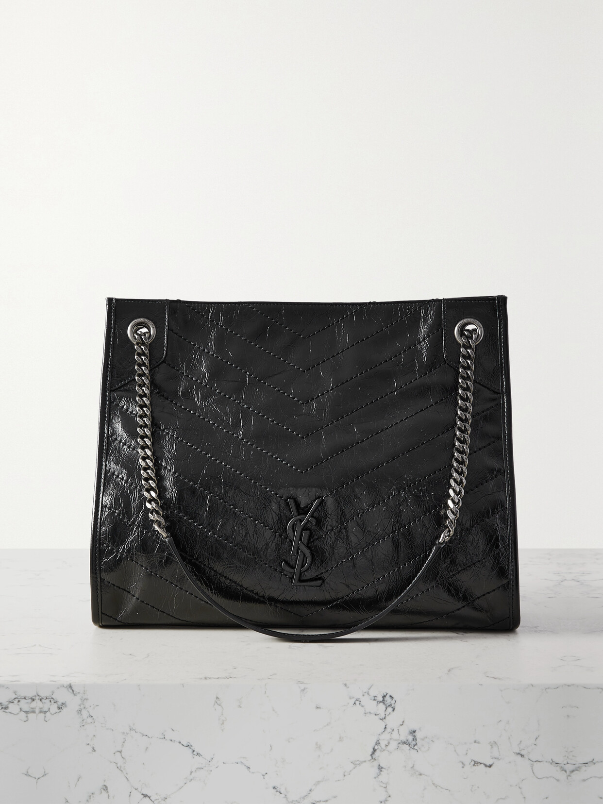 Saint Laurent Niki Ysl Monogram Leather Shopping Tote Bag In Nero