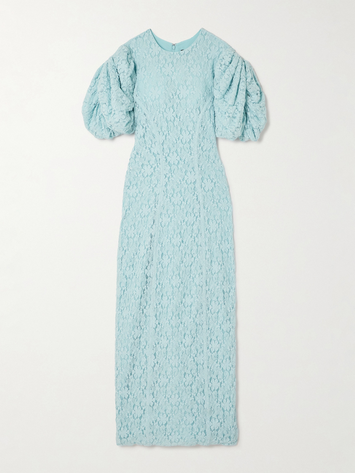 Rotate Birger Christensen Gathered Recycled-lace Midi Dress In Blue