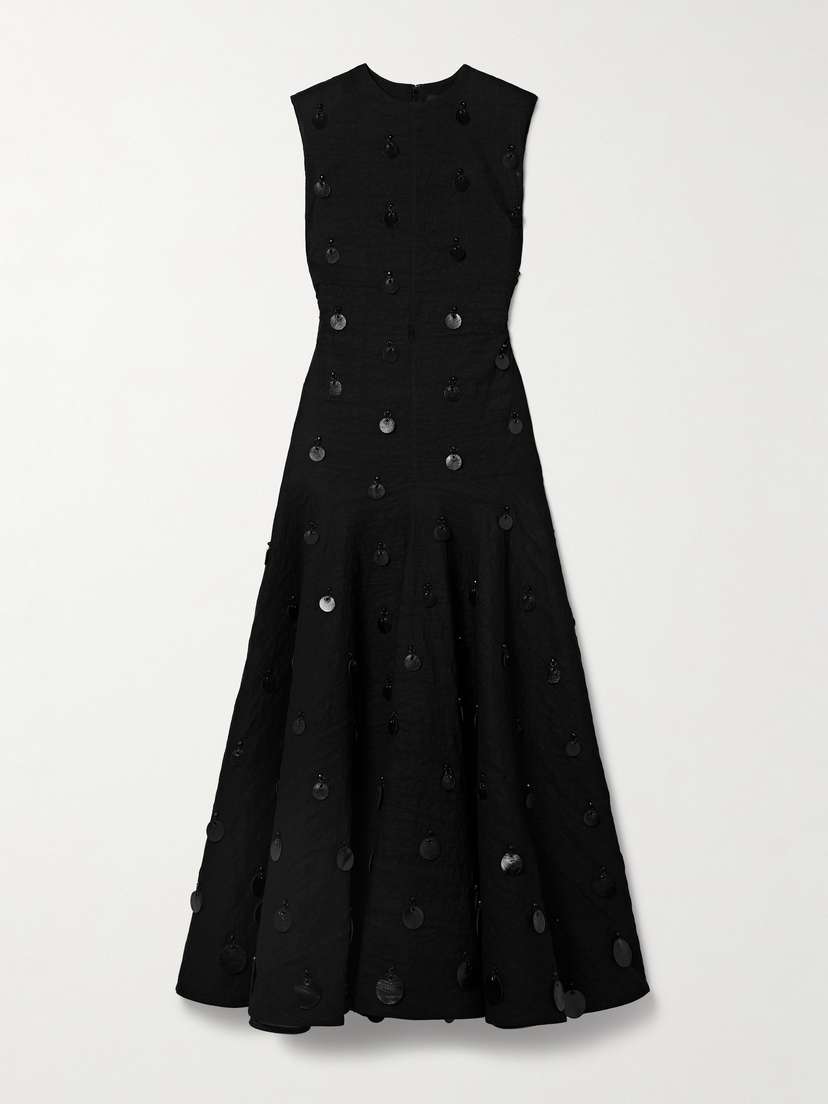 Brandon Maxwell The Flora Embellished Leather-trimmed Linen-blend Gown