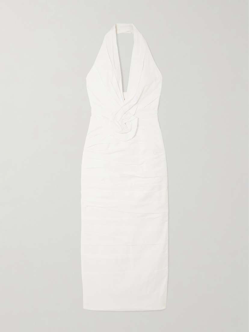 Carolina Herrera Ruched Cotton-blend Halterneck Midi Dress