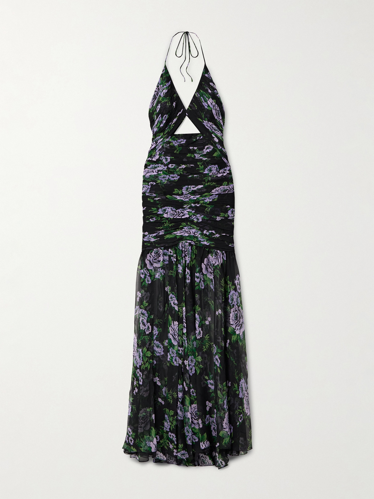 Shop Carolina Herrera Cutout Ruched Floral-print Silk-georgette Halterneck Gown In Multi