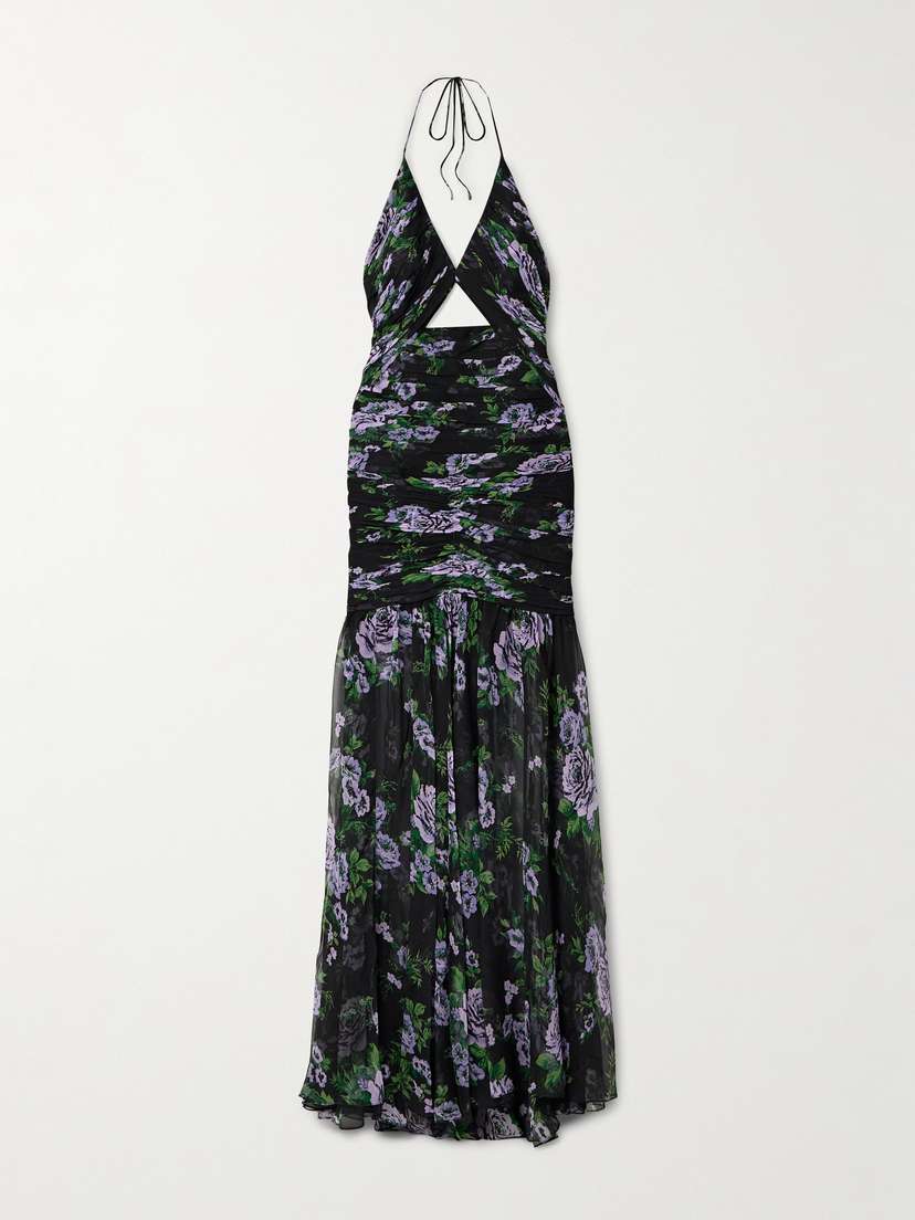 Carolina Herrera Cutout Ruched Floral-print Silk-georgette Halterneck Gown