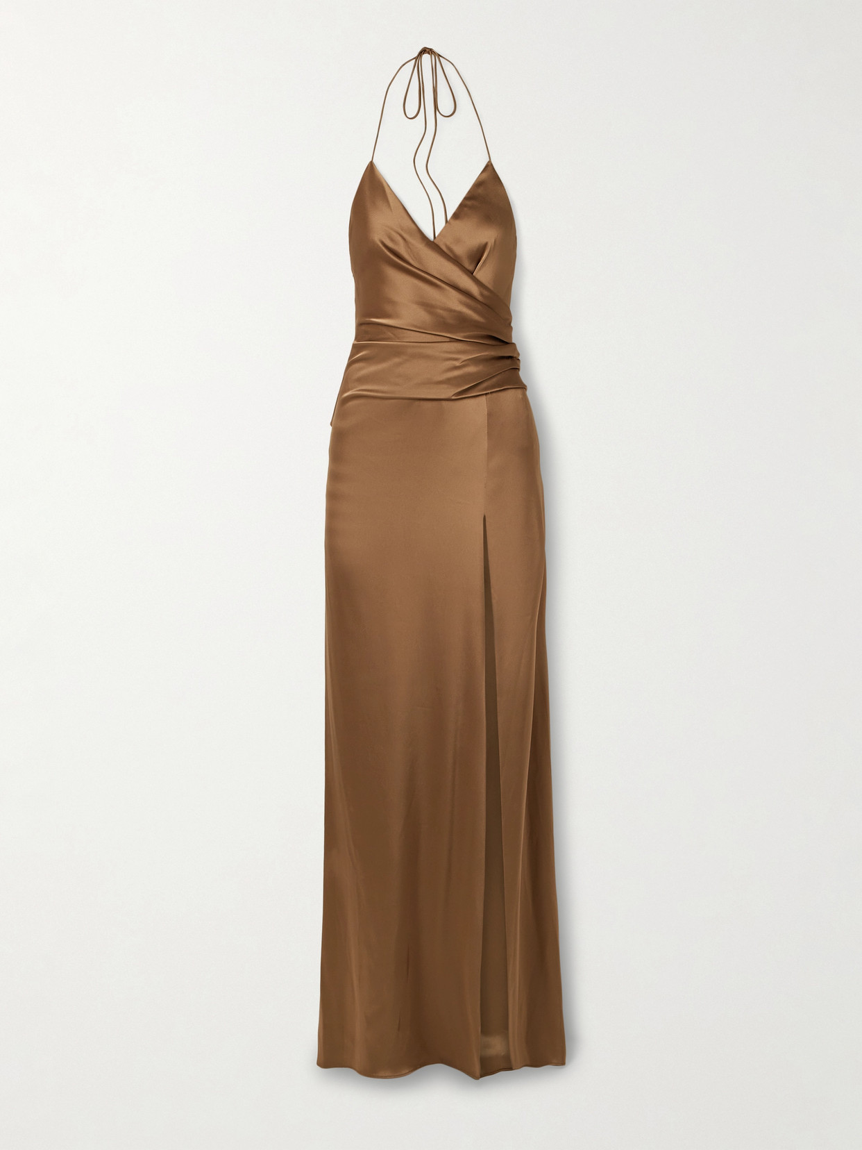 Shop Carolina Herrera Wrap-effect Satin Halterneck Gown In Metallic