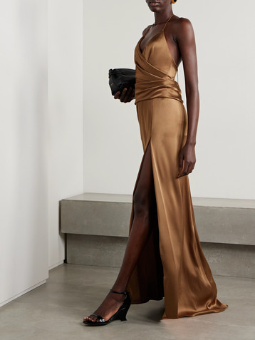 Carolina Herrera Wrap-effect satin halterneck gown