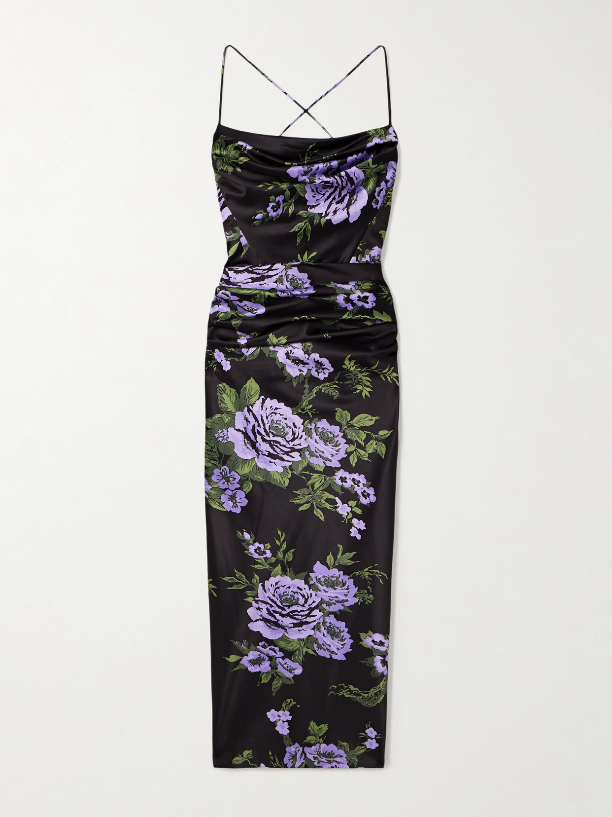 Shop Carolina Herrera Draped Floral-print Satin Midi Dress In Multi