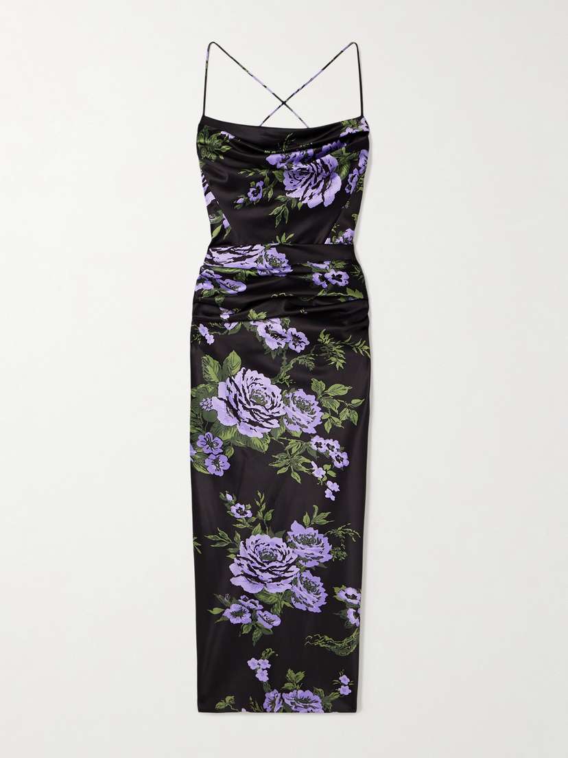Carolina Herrera Draped Floral-print Satin Midi Dress