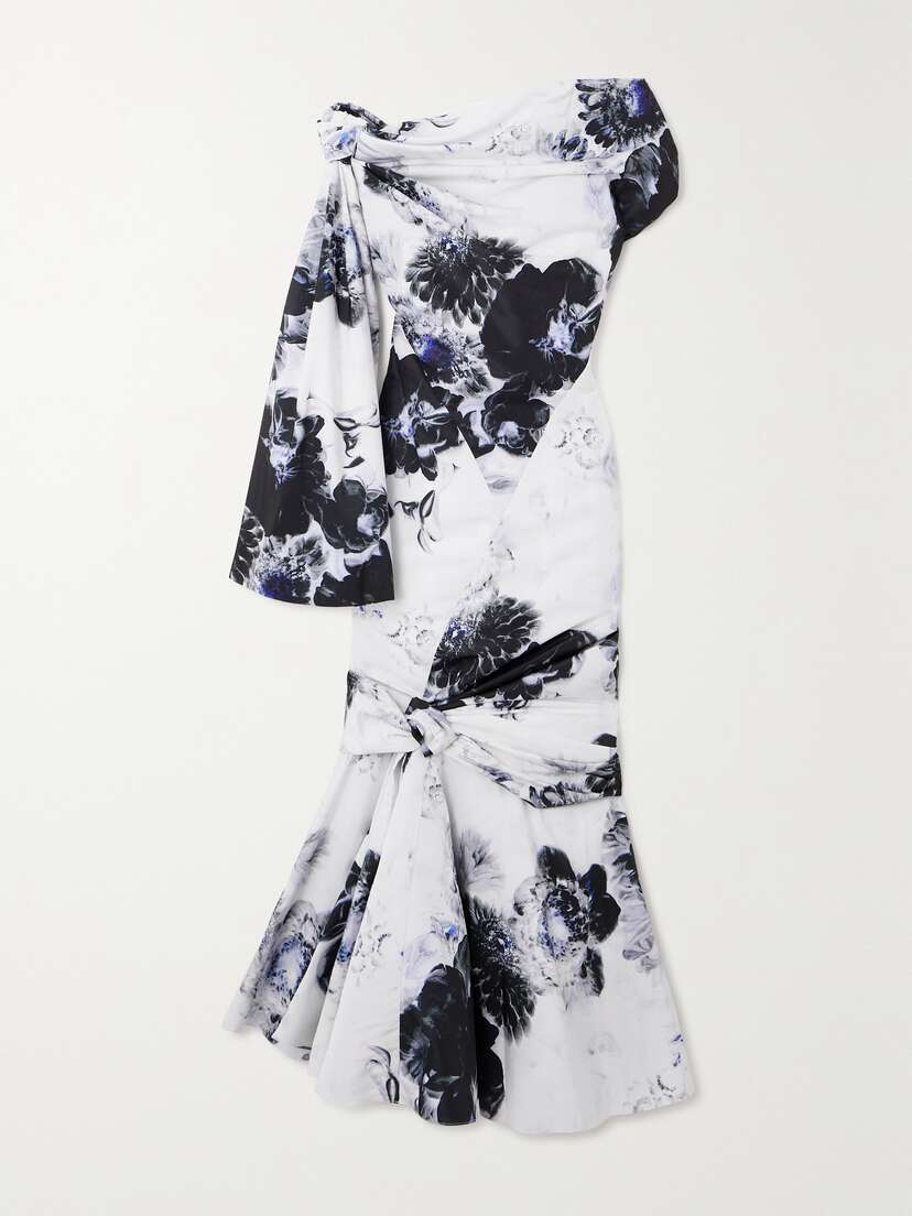 McQueen One-shoulder Asymmetric Draped Taffeta Midi Dress