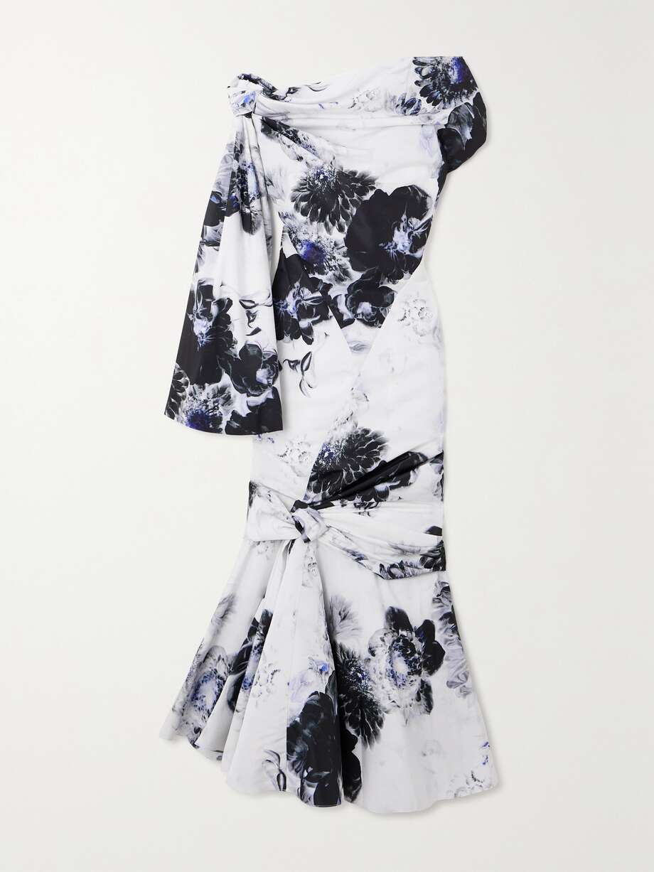 one-shoulder asymmetric draped taffeta midi dress