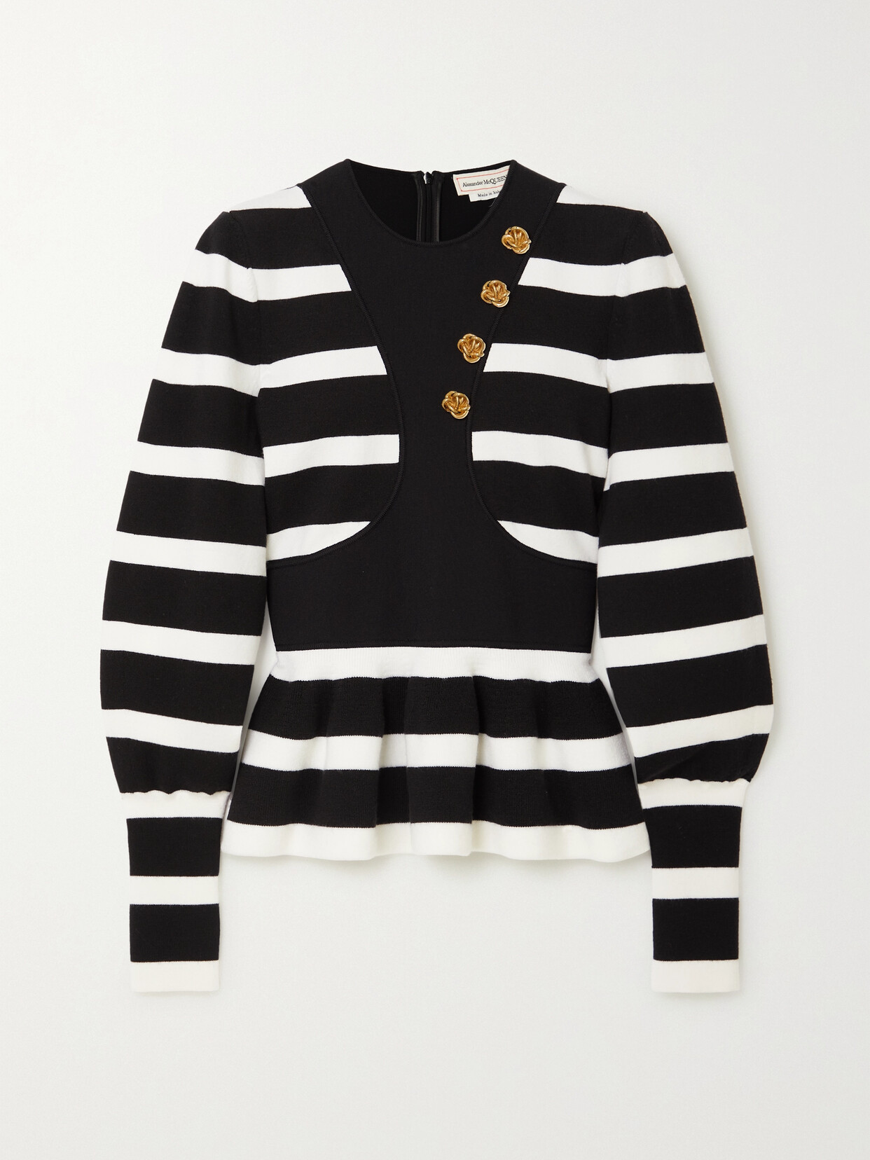 Alexander McQueen Ruffled Striped Wool-blend Peplum Sweater - Black