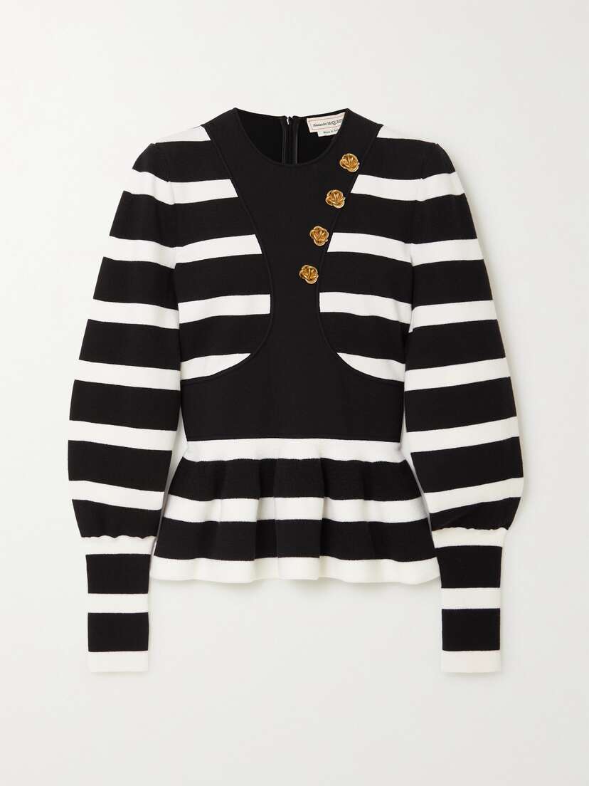 McQueen Ruffled Striped Wool-blend Peplum Sweater