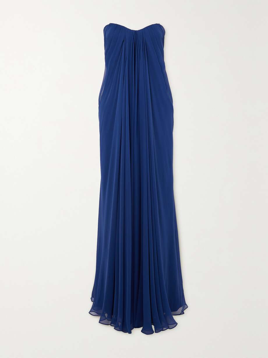 strapless draped silk-chiffon gown