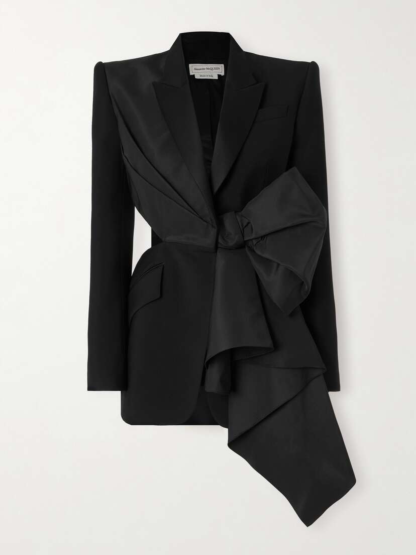 McQueen Asymmetric Cutout Grain De Poudre Wool, Taffeta And Silk-blend Satin Blazer
