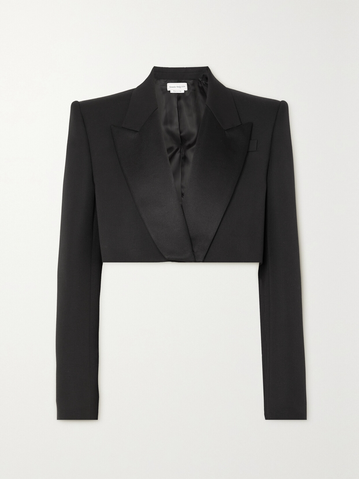 Shop Alexander Mcqueen Cropped Silk-blend Satin-trimmed Grain De Poudre Wool Blazer In Black