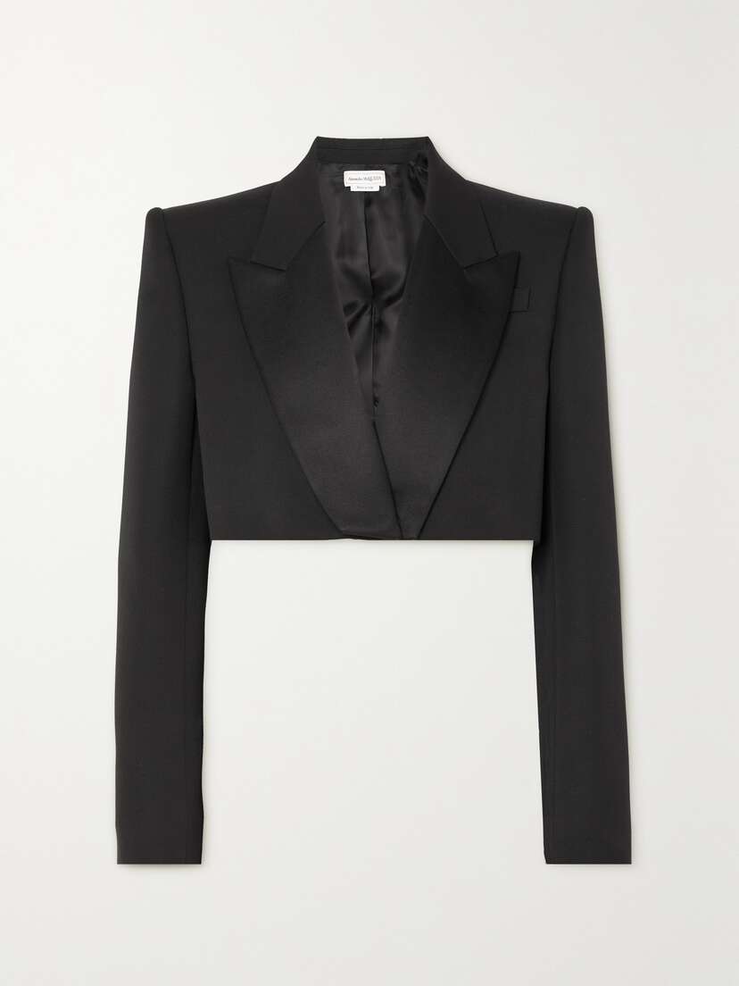 Alexander McQueen Cropped Silk-blend Satin-trimmed Grain De Poudre Wool Blazer
