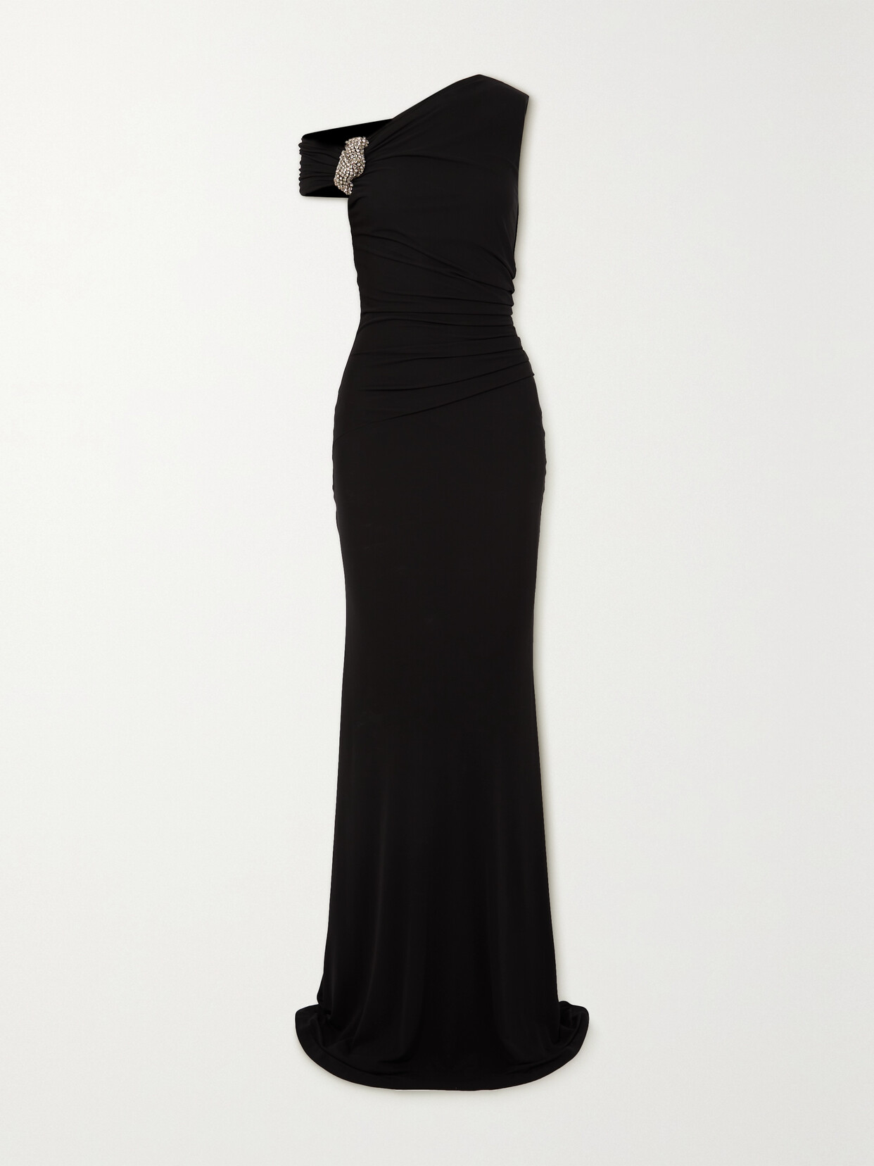 Alexander Mcqueen One-shoulder Crystal-embellished Gathered Jersey-crepe Gown In Black