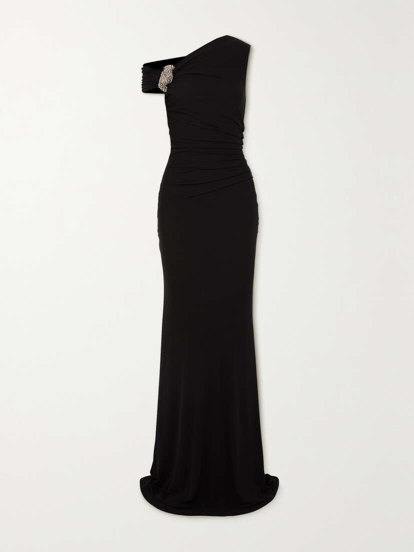 McQueen One-shoulder Crystal-embellished Gathered Jersey-crepe Gown