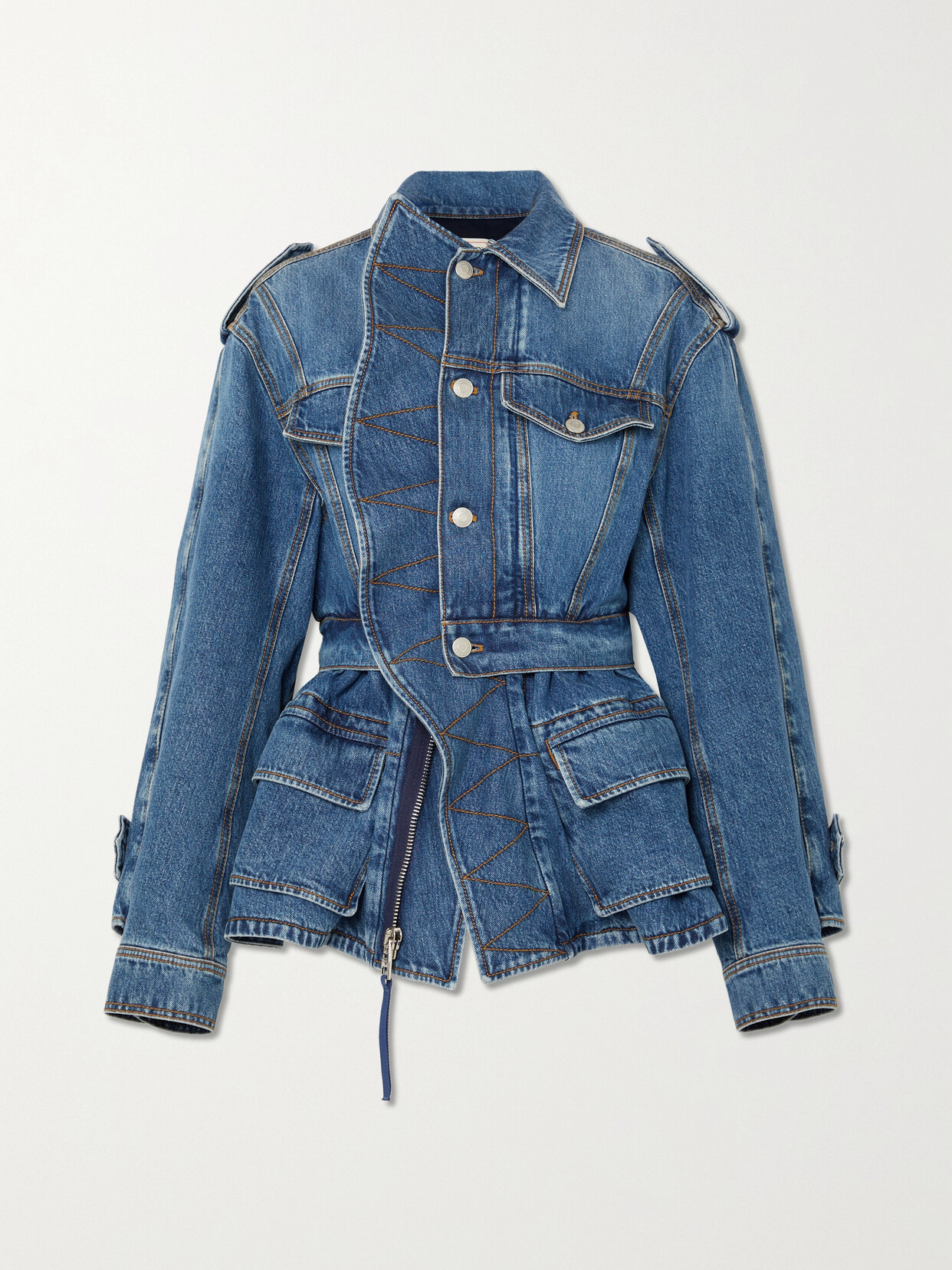 Shop Alexander Mcqueen Ruffled Denim Peplum Jacket In Blue