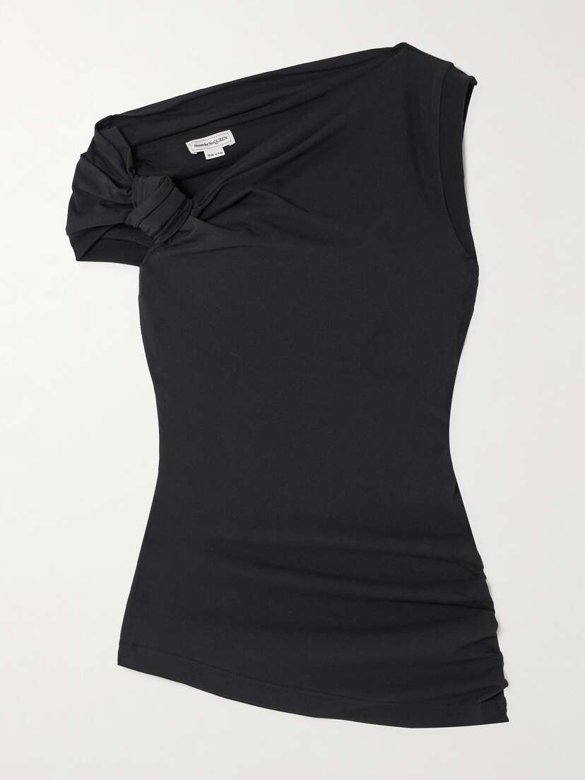 McQueen Asymmetric Bow-detailed Embroidered Stretch-cotton Jersey Top