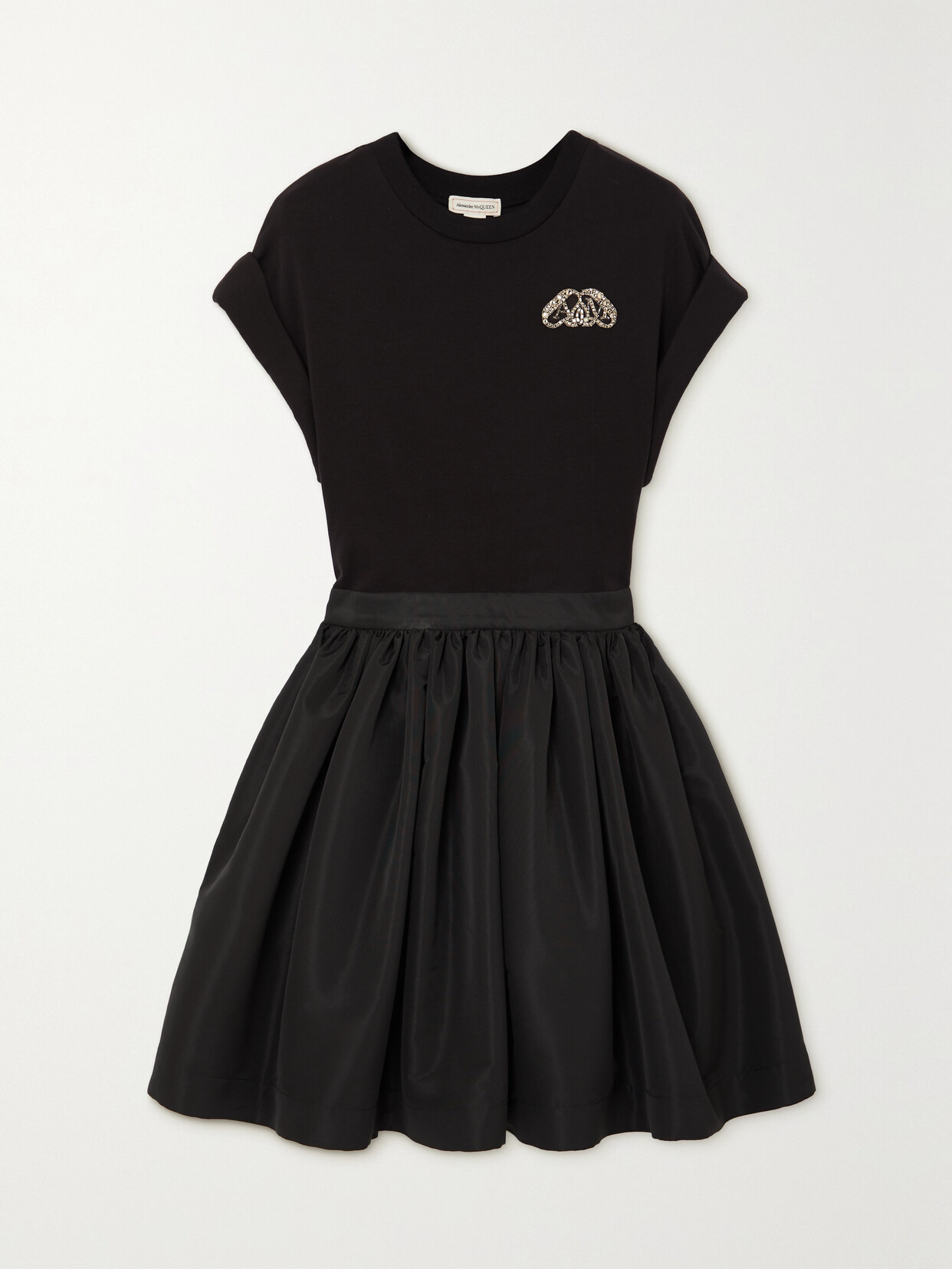 Shop Alexander Mcqueen Crystal-embellished Cotton-jersey And Gathered Taffeta Mini Dress In Black