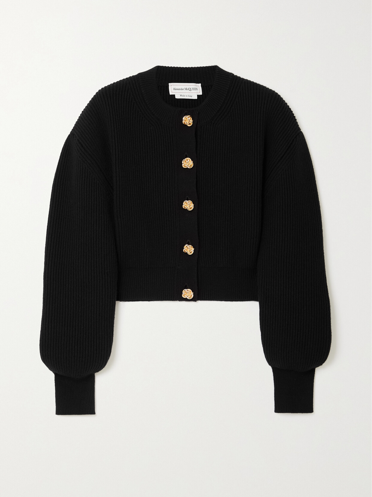 Shop Alexander Mcqueen Cropped Ribbed Wool And Cashmere-blend Cardigan In Black