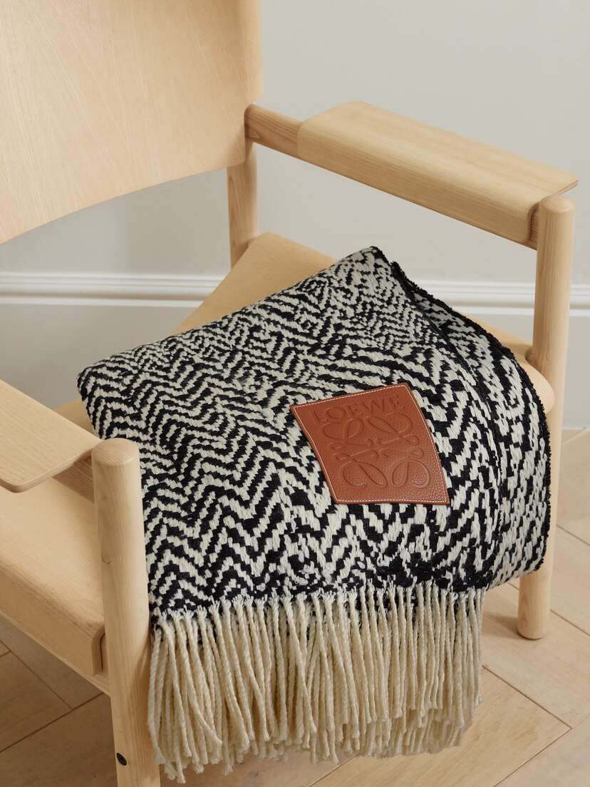 Loewe Leather-trimmed Fringed Herringbone Wool-blend Blanket