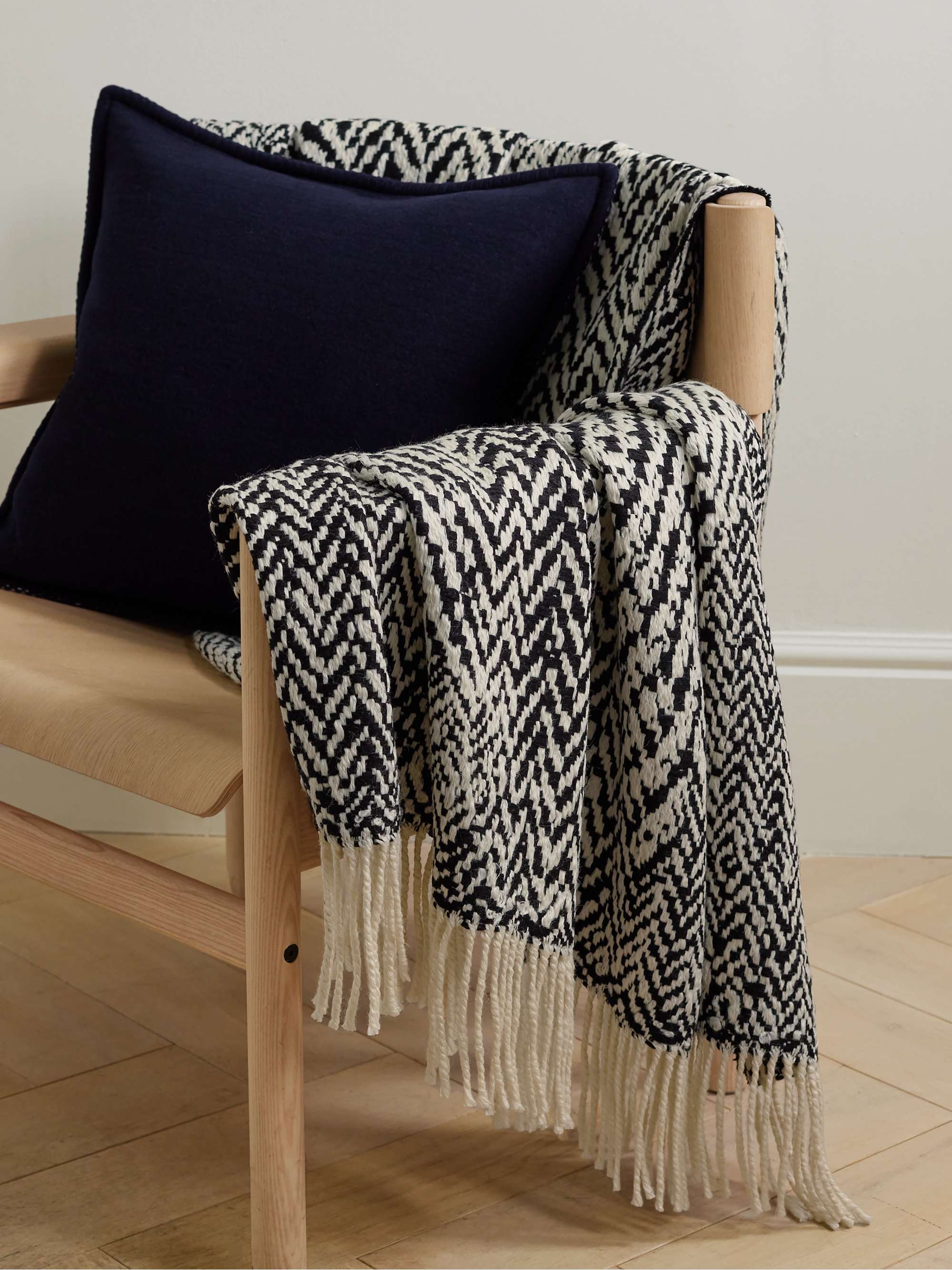 Leather-trimmed fringed herringbone wool-blend blanket