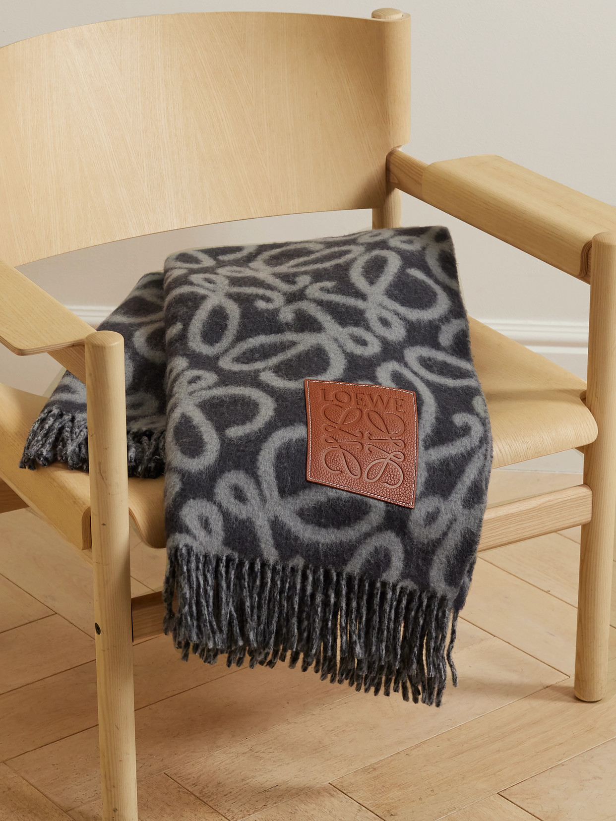 LOEWE - Fringed Leather-trimmed Alpaca-blend Jacquard Blanket - Gray