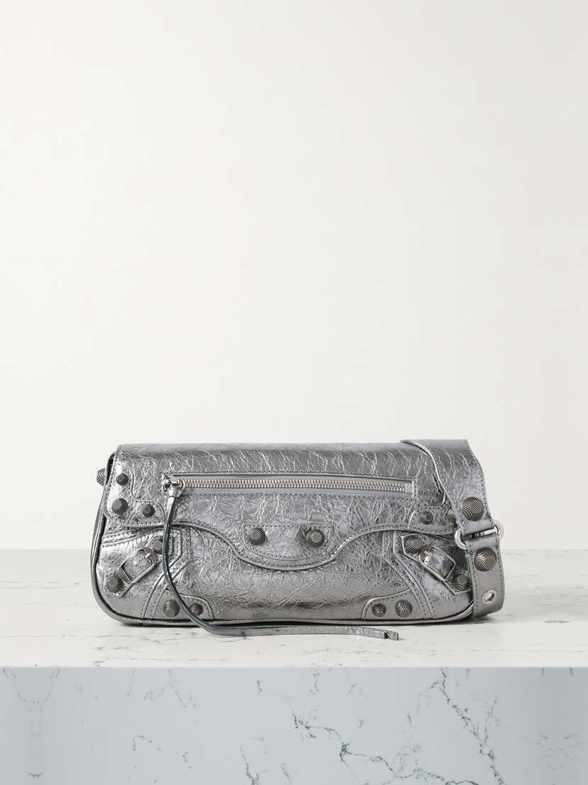 Balenciaga Le Cagole Sling Studded Metallic Crinkled-leather Shoulder Bag