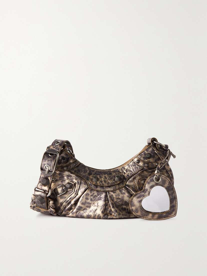 Balenciaga Le Cagole Xs Studded Leopard-print Metallic Crinkled-leather Shoulder Bag