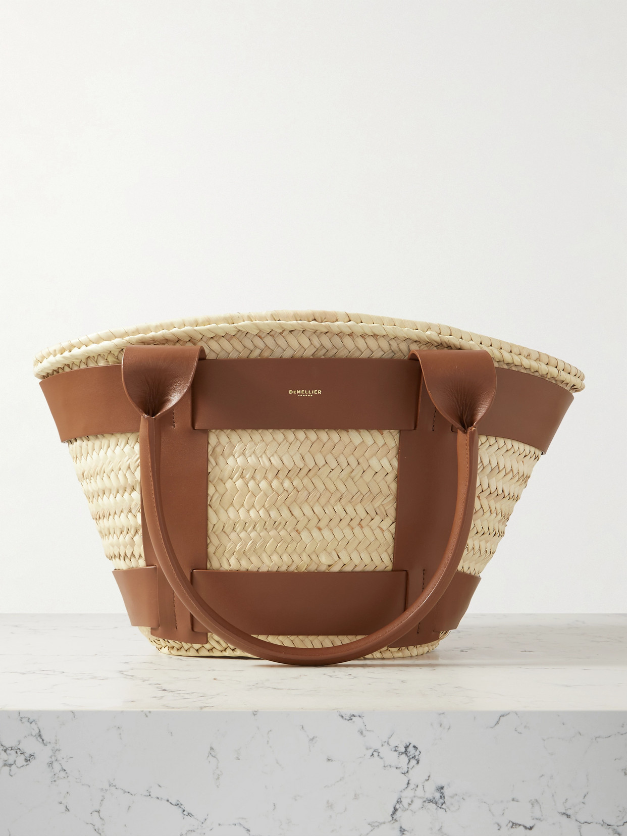 Demellier + Net Sustain Santorini Leather-trimmed Raffia Tote In Brown